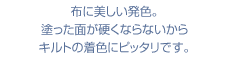 布に美しい発色。
塗った面が硬くならないから
キルトの着色にピッタリです。